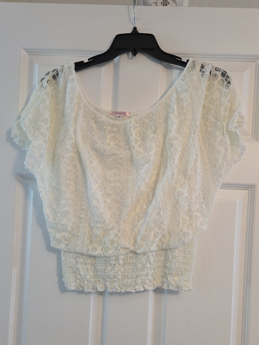 Mauve White Lace Crop Top with Smocked Hem